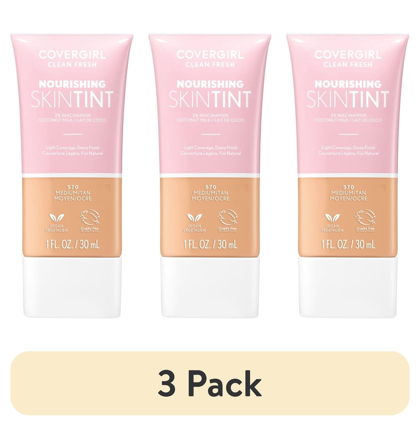 (3 pack) COVERGIRL Clean Fresh Nourishing Skin Tint, Dewy Finish, Medium/ Tan, 1 fl oz (Packaging May Vary)