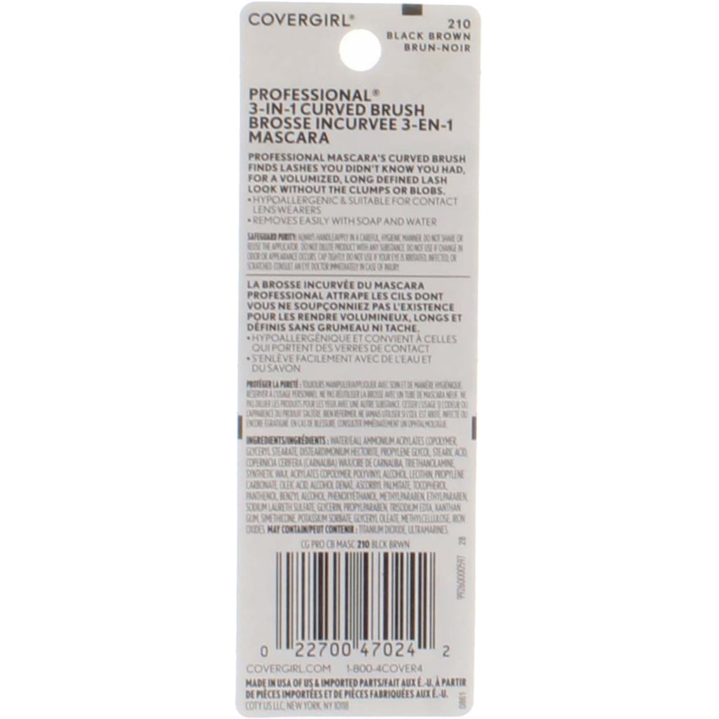 CoverGirl Professional 3-in-1 Mascara Curved Brush, Black Brown [210] 0.30 oz (Pack of 2)