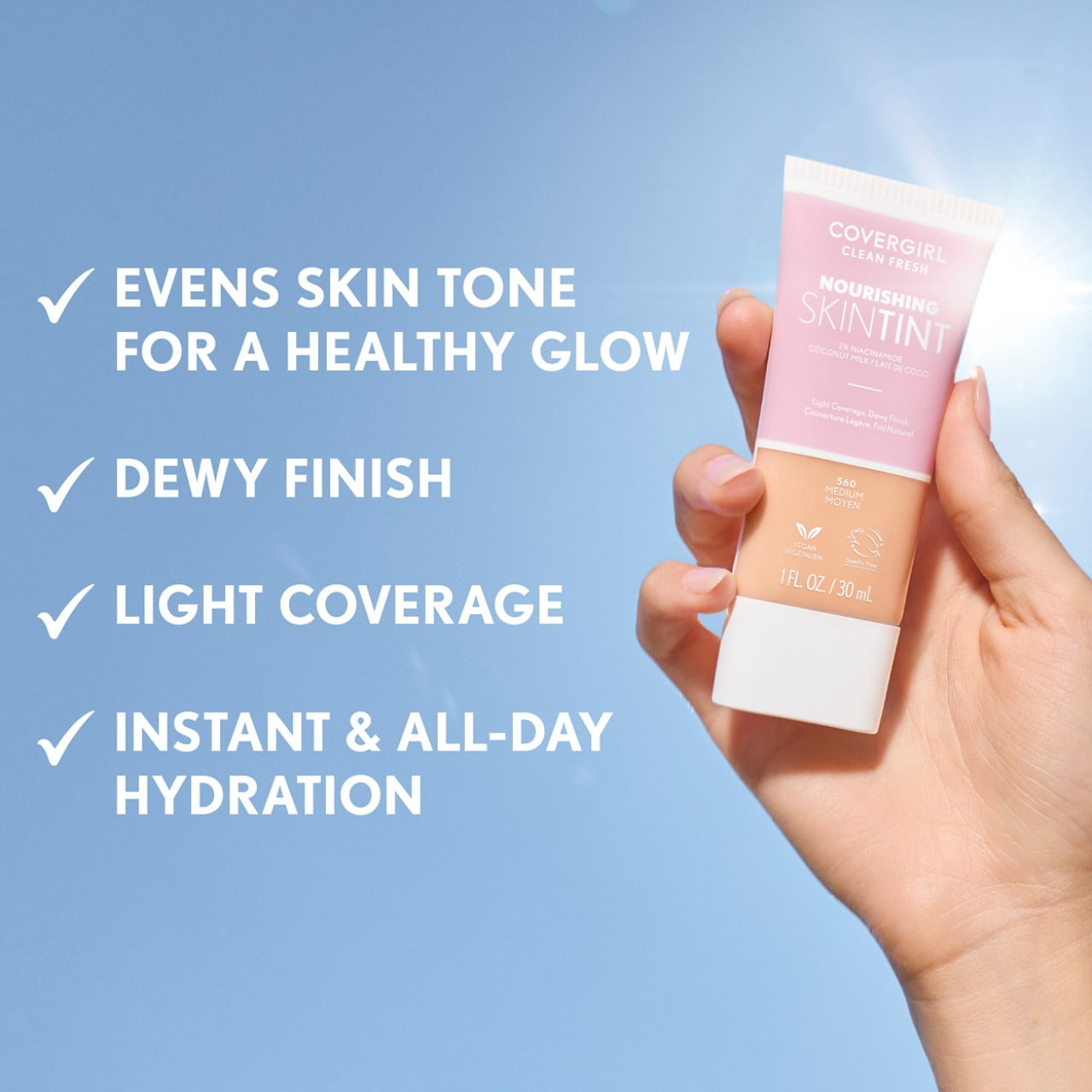 (3 pack) COVERGIRL Clean Fresh Nourishing Skin Tint, Dewy Finish, Medium/ Tan, 1 fl oz (Packaging May Vary)