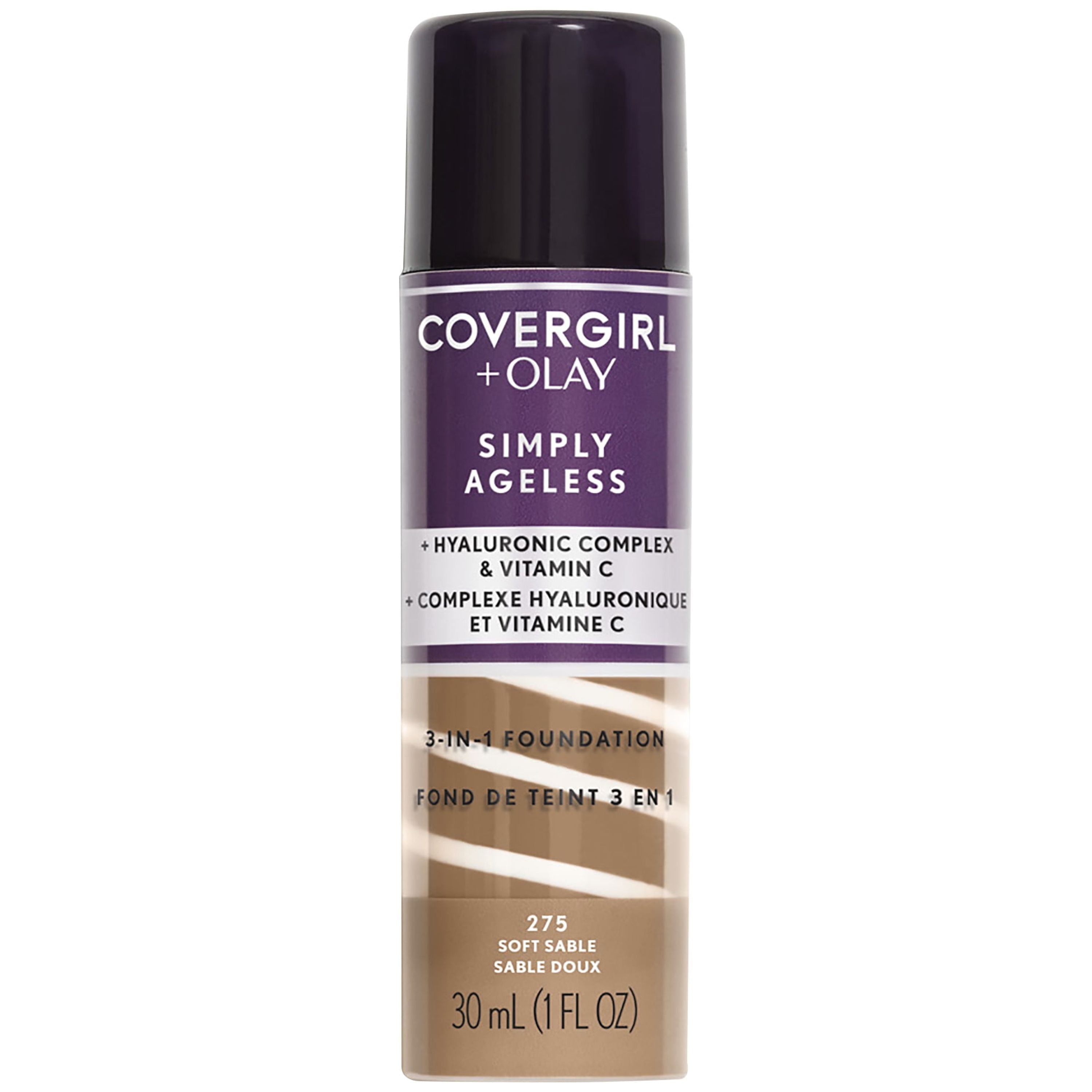 COVERGIRL + OLAY Simply Ageless 3-in-1 Liquid Foundation, Soft Sable 275, 1 fl oz, Hydrating Anti-Aging Foundation, Cruelty-Free Foundation, Hyaluronic Complex for Firm Skin (30 ml)