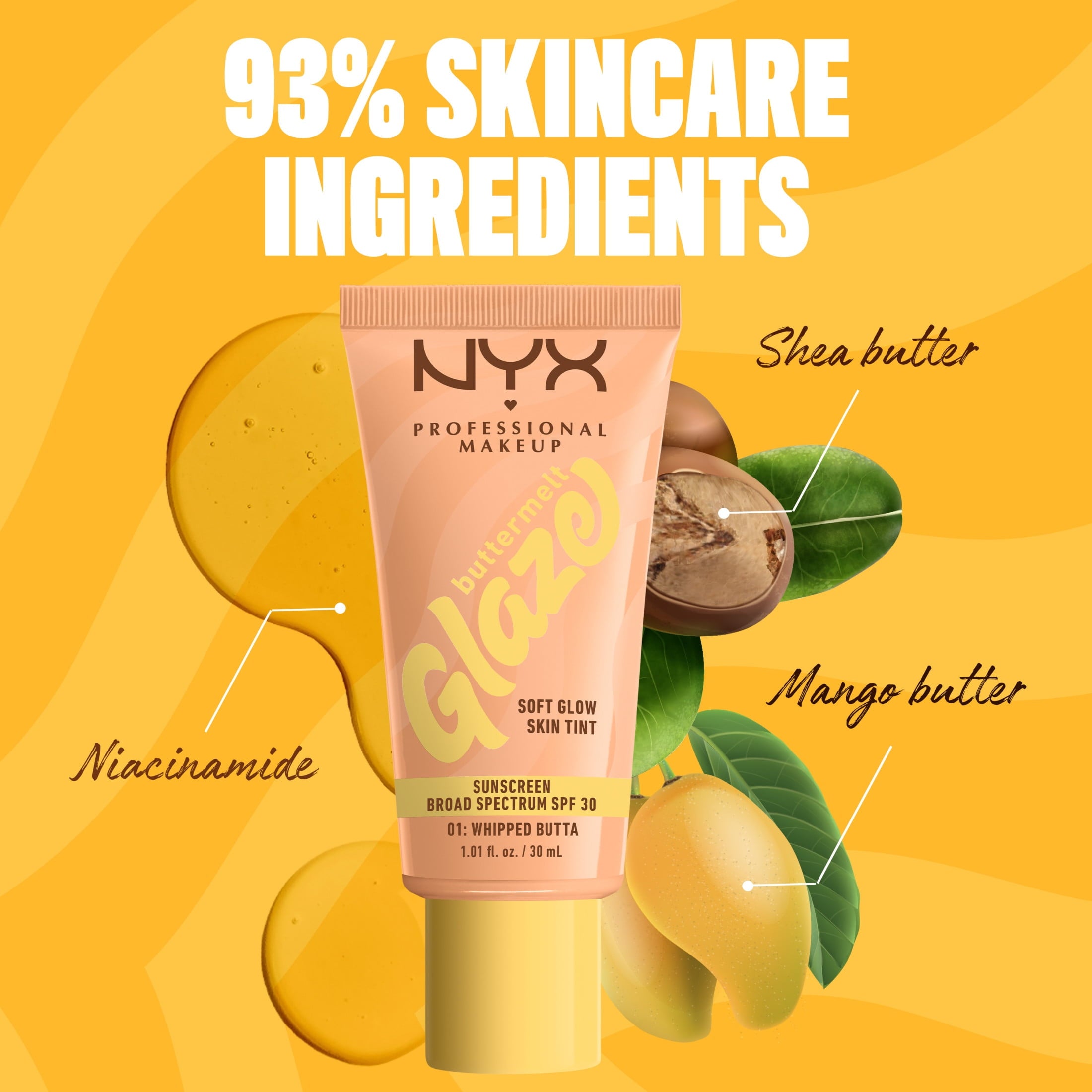 NYX Professional Makeup Buttermelt Glaze Tinted Moisturizer, SPF 30, Whipped Butta, All Skin Types, 1.01 fl oz