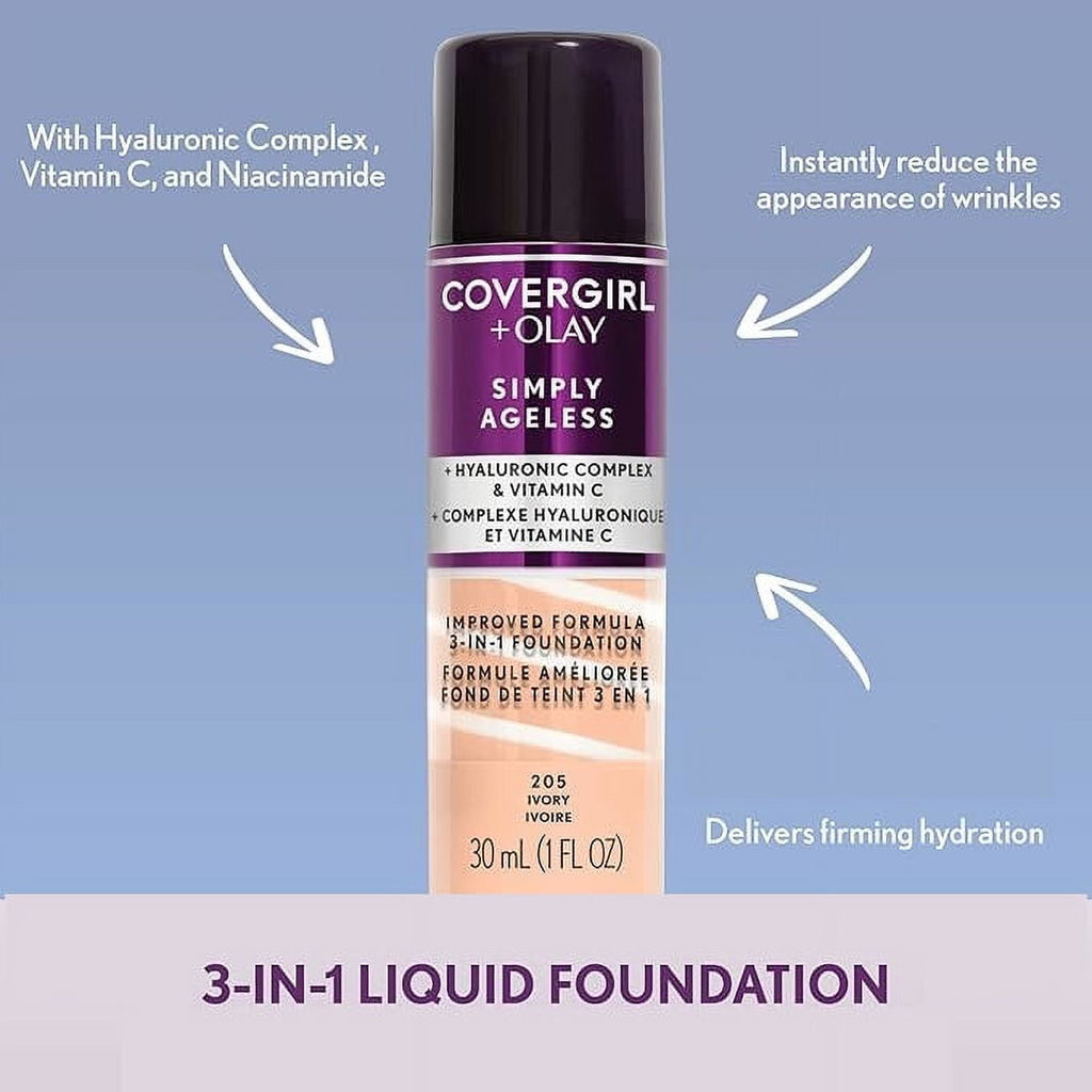 COVERGIRL + OLAY Simply Ageless 3-in-1 Liquid Foundation, Soft Sable 275, 1 fl oz, Hydrating Anti-Aging Foundation, Cruelty-Free Foundation, Hyaluronic Complex for Firm Skin (30 ml)