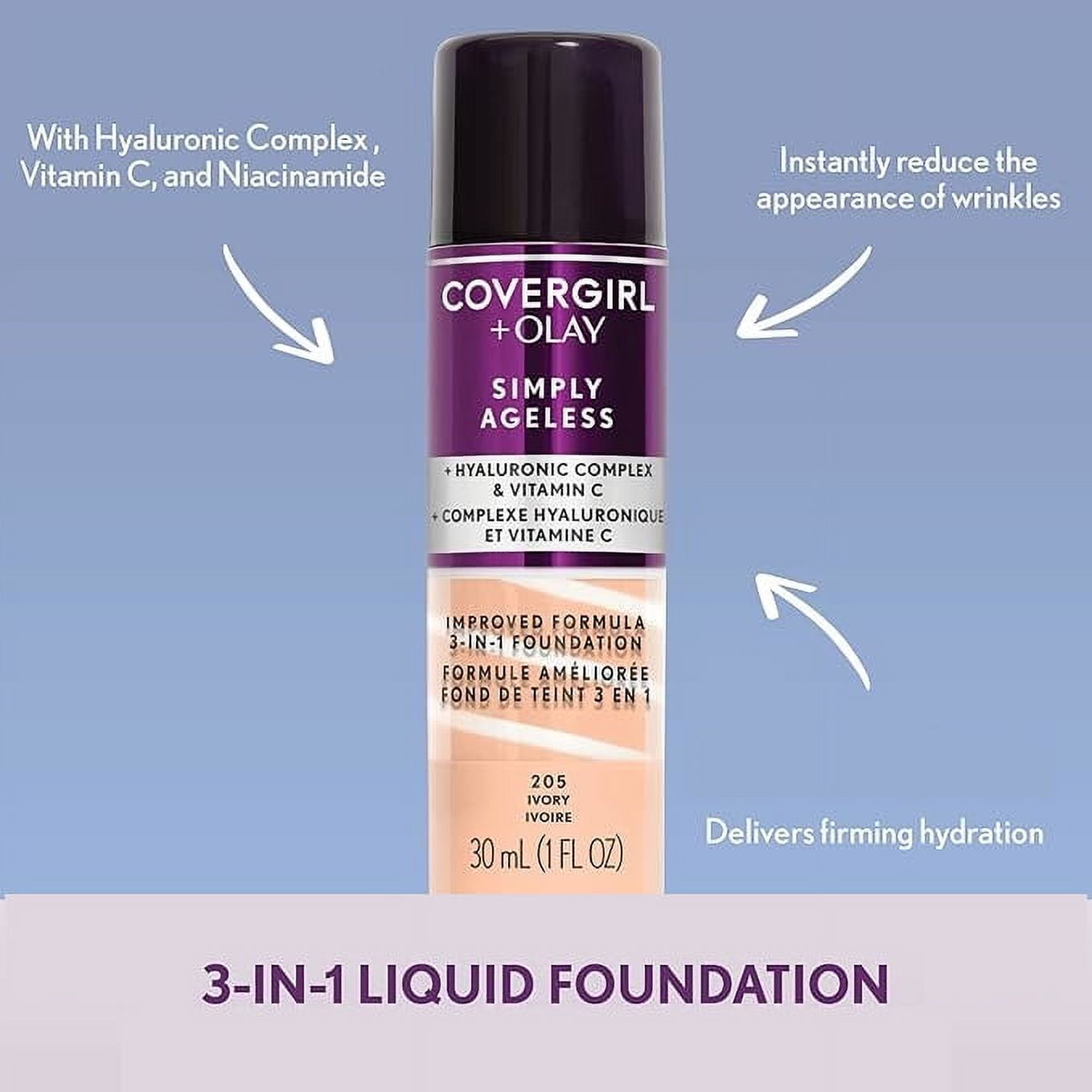 COVERGIRL + OLAY Simply Ageless 3-in-1 Liquid Foundation, Soft Sable 275, 1 fl oz, Hydrating Anti-Aging Foundation, Cruelty-Free Foundation, Hyaluronic Complex for Firm Skin (30 ml)