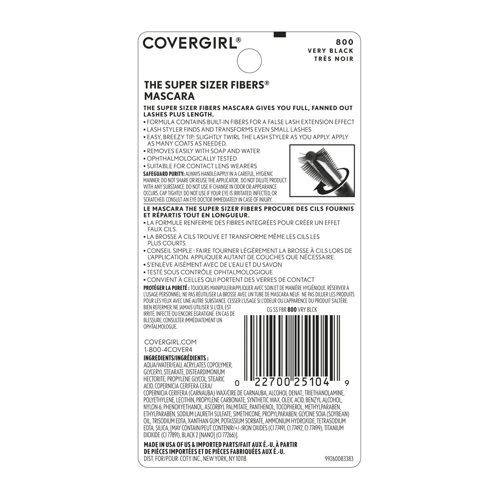 COVERGIRL The Super Sizer Fibers Mascara, Very Black 800, Volume Mascara, 0.4 Oz, Waterproof Mascara, Lengthening Mascara, Volume and Length Mascara, High Impact, Wide Eye Look
