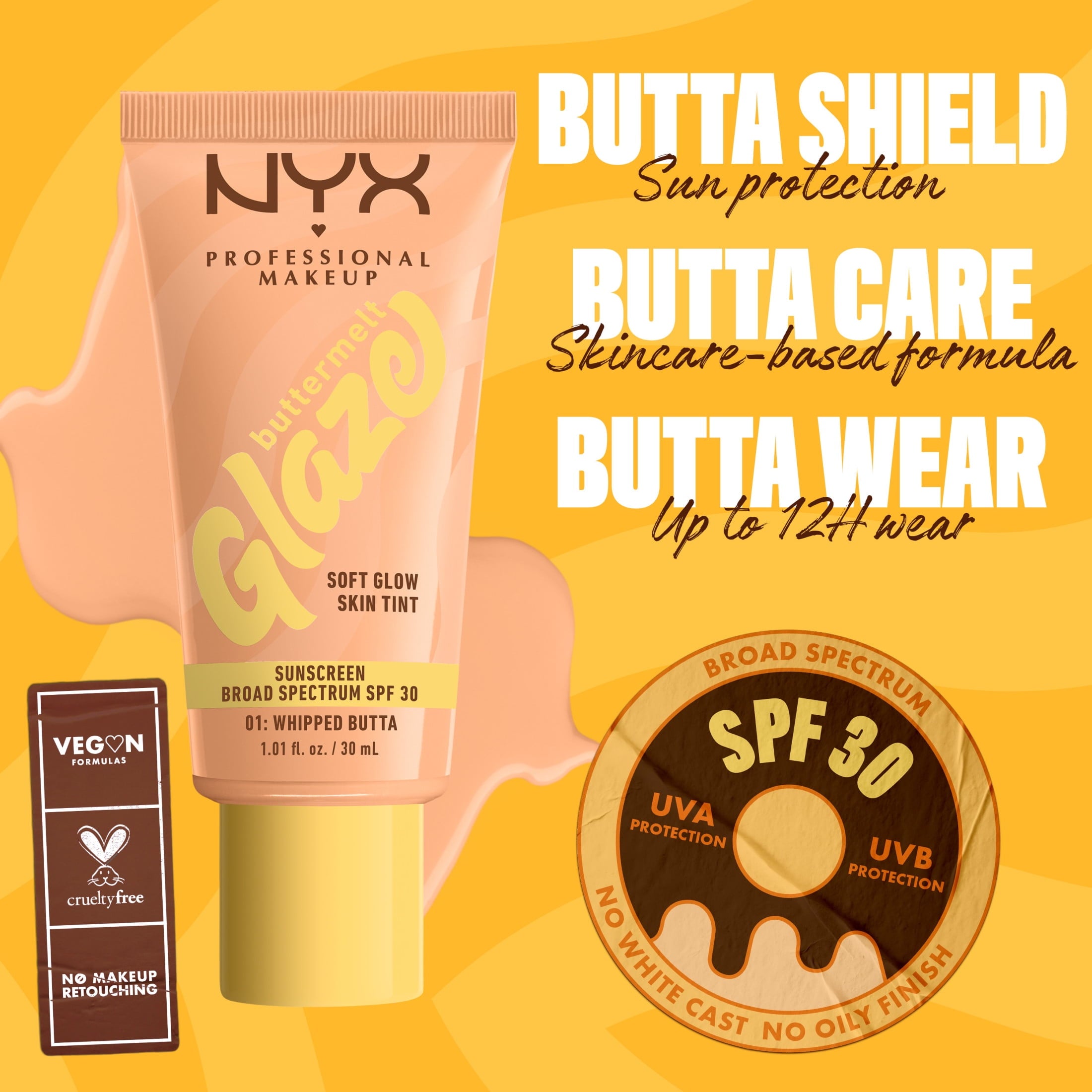 NYX Professional Makeup Buttermelt Glaze Tinted Moisturizer, SPF 30, Whipped Butta, All Skin Types, 1.01 fl oz